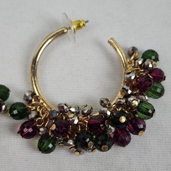 Gold Tone Green & Brown Beaded Drop Hoop Earrings - Picture 2 of 3